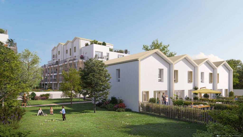 placement immobilier-résidence neuve jardins enfants qui jouent ciel bleu