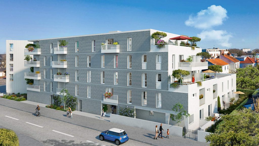 programme neuf-résidence neuve balcons fleuris rue passants voiture ciel bleu
