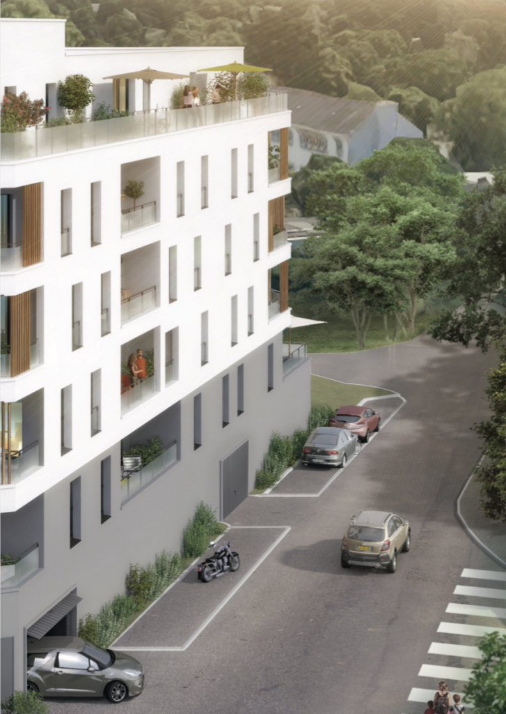 programme neuf saint nazaire-façade résidence neuve rue voitures espaces verts