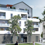 acheter un appartement-façade résidence neuve espaces verts passants ciel bleu