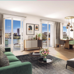 appartement pinel nantes-séjour meublé baies vitrées ouvertes sur terrasse vue fleuve soirée