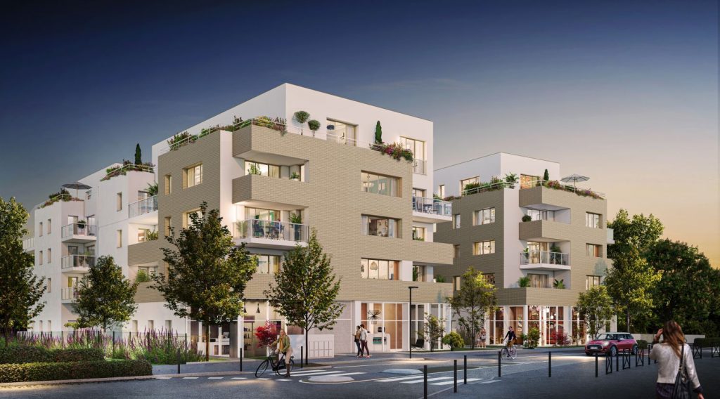 immobilier neuf nantes-résidence neuve rue arbres passants voiture soirée