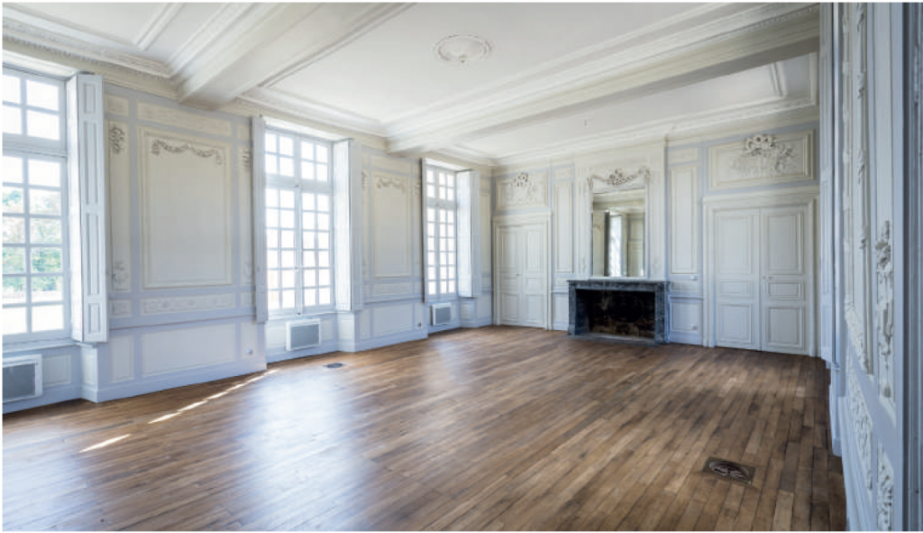 investissement monument historique-pièce de vie appartement ancien vide parquet moulures cheminée plusieurs fenêtres