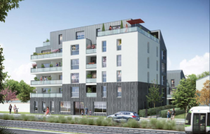 achat immobilier neuf nantes-résidence neuve rue passants voitures ciel bleu