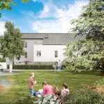 projet immo nantes-jardin de la résidence famille installée dans l herbe ciel bleu