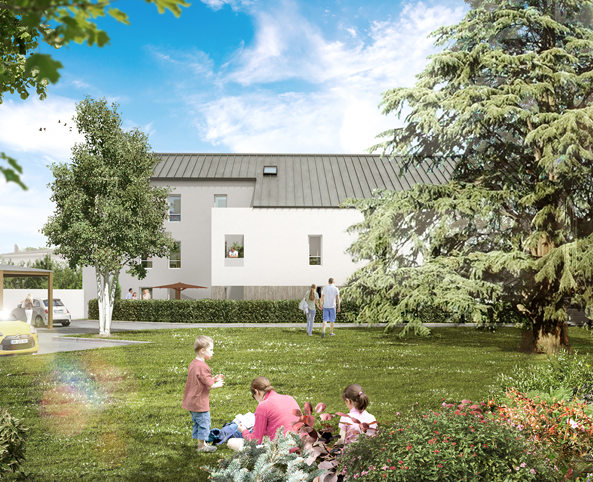 projet immo nantes-jardin de la résidence famille installée dans l herbe ciel bleu