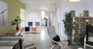 investissement-entrée vue sur salon et cuisine carrelage plantes