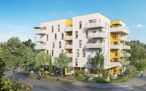 programme neuf nantes-résidence neuve balcons fleuris espaces verts rue passants ciel bleu
