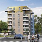 immobilier neuf saint nazaire- résidence neuve rue passants voiture ciel bleu