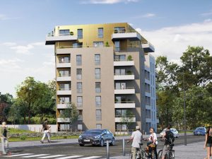 immobilier neuf saint nazaire- résidence neuve rue passants voiture ciel bleu