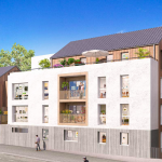 achat appartement neuf nantes- façade résidence neuve rue passants ciel bleu